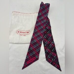 COACH POPPY PLAID PRINT SILK PONY SKINNY SCARF/PURSE TIE PURPLE/PINK & DUST BAG